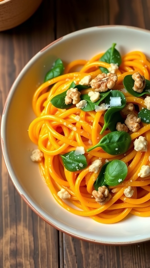 Creamy butternut squash pasta garnished with spinach and walnuts in a rustic setting.